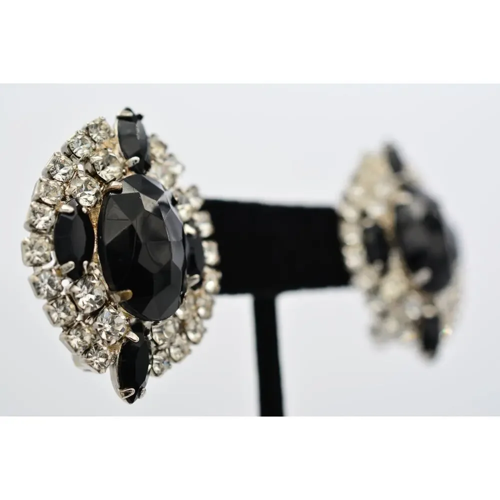 Vintage Black Clear Rhinestone Crystal Cluster Statement Clip On Earrings BinAF